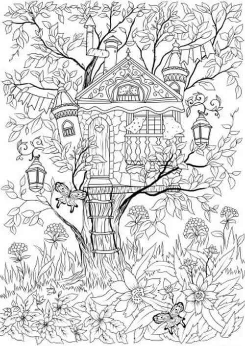Anti-stress tree house coloring page in spring
